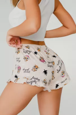 Шорты женские домашние с рюшей котята кремовый