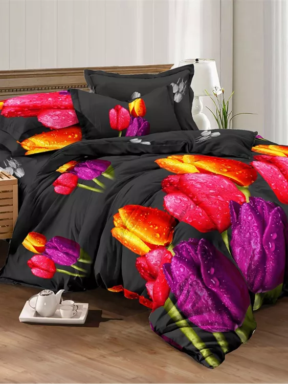 Постельное белье поплин эксклюзив - Тюльпаны на черном